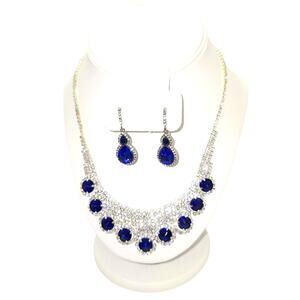 Blue & Clear Rhinestone Necklace & Earring Set Bib Style Silver Tone